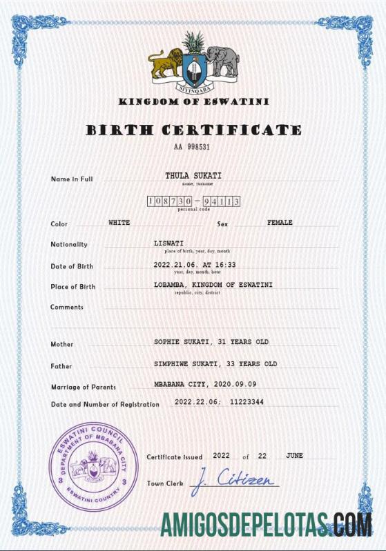 Realista modelo PSD de certidão de nascimento de registro vital de Eswatini